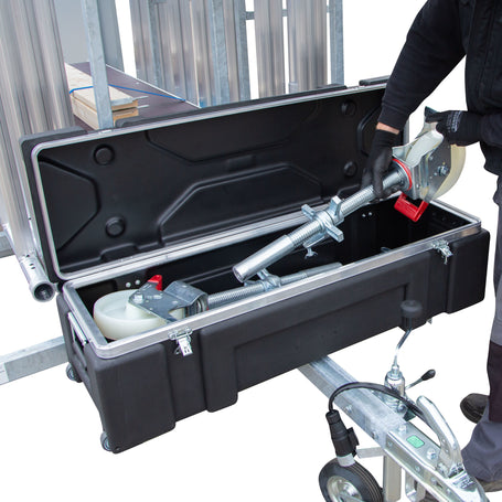 Steigeraanhanger afsluitbaar 250 + Rolsteiger Standaard 135x250 12,2m werkhoogte carbon vloer enkele voorloopleuning