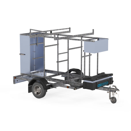 Steigeraanhanger afsluitbaar 250 + Rolsteiger Standaard 135x250 8,2m werkhoogte carbon vloer enkele voorloopleuning