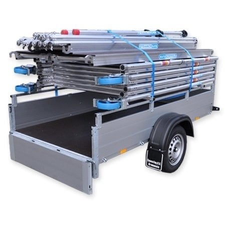 Aanhanger en rolsteiger 135x190x7,2m werkhoogte en dubbele voorloopleuning
