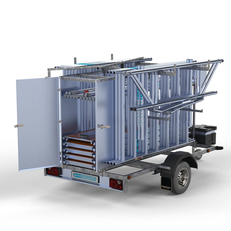Steigeraanhanger afsluitbaar 250 + Rolsteiger Standaard 135x250 12,2m werkhoogte carbon vloer enkele voorloopleuning