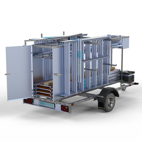 Steigeraanhanger afsluitbaar 305 + Rolsteiger Standaard 135x305 10,2m werkhoogte enkele voorloopleuning
