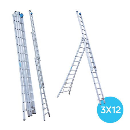 Eurostairs Reform ladder driedelig uitgebogen 3x12 sporten + gevelrollen