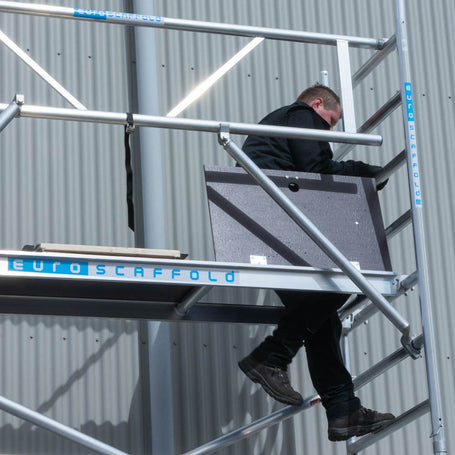 Rolsteiger Basic 75x305 5,2m werkhoogte carbon vloer tegen de gevel