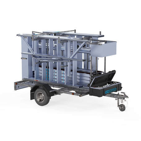 Steigeraanhanger afsluitbaar 250 + Rolsteiger Standaard 135x250 12,2m werkhoogte carbon vloer enkele voorloopleuning