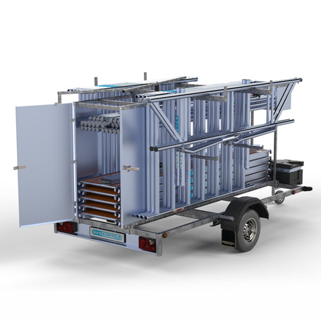 Steigeraanhanger afsluitbaar 305 + Rolsteiger Standaard 135x305 10,2m werkhoogte carbon vloer enkele voorloopleuning