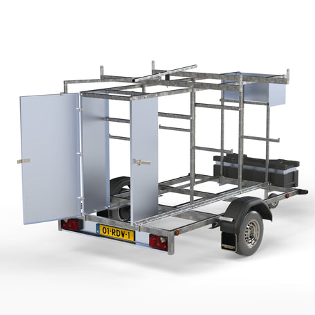 Steigeraanhanger afsluitbaar 250 + Rolsteiger Standaard 135x250 12,2m werkhoogte carbon vloer enkele voorloopleuning