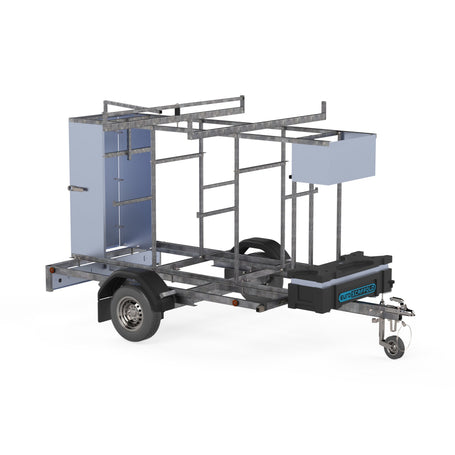 Steigeraanhanger afsluitbaar 250 + Rolsteiger Standaard 135x250 12,2m werkhoogte carbon vloer enkele voorloopleuning